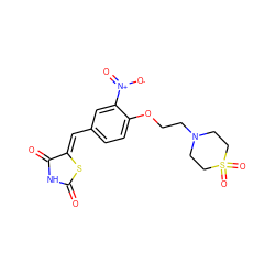 O=C1NC(=O)/C(=C/c2ccc(OCCN3CCS(=O)(=O)CC3)c([N+](=O)[O-])c2)S1 ZINC000139507687