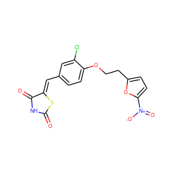 O=C1NC(=O)/C(=C/c2ccc(OCCc3ccc([N+](=O)[O-])o3)c(Cl)c2)S1 ZINC000096282288