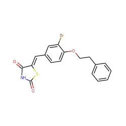 O=C1NC(=O)/C(=C/c2ccc(OCCc3ccccc3)c(Br)c2)S1 ZINC000299868802