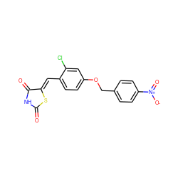 O=C1NC(=O)/C(=C/c2ccc(OCc3ccc([N+](=O)[O-])cc3)cc2Cl)S1 ZINC000096282308