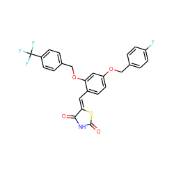 O=C1NC(=O)/C(=C/c2ccc(OCc3ccc(F)cc3)cc2OCc2ccc(C(F)(F)F)cc2)S1 ZINC000072109264