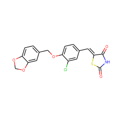 O=C1NC(=O)/C(=C/c2ccc(OCc3ccc4c(c3)OCO4)c(Cl)c2)S1 ZINC000096282286