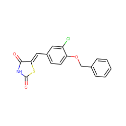 O=C1NC(=O)/C(=C/c2ccc(OCc3ccccc3)c(Cl)c2)S1 ZINC000096282283