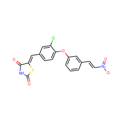 O=C1NC(=O)/C(=C/c2ccc(Oc3cccc(/C=C/[N+](=O)[O-])c3)c(Cl)c2)S1 ZINC000096282287