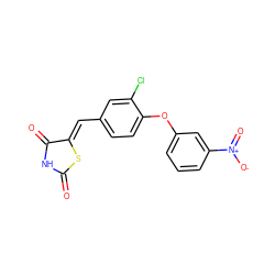 O=C1NC(=O)/C(=C/c2ccc(Oc3cccc([N+](=O)[O-])c3)c(Cl)c2)S1 ZINC000096282290