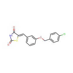 O=C1NC(=O)/C(=C/c2cccc(OCc3ccc(Cl)cc3)c2)S1 ZINC000106693405