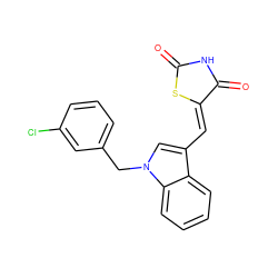 O=C1NC(=O)/C(=C/c2cn(Cc3cccc(Cl)c3)c3ccccc23)S1 ZINC000106695065