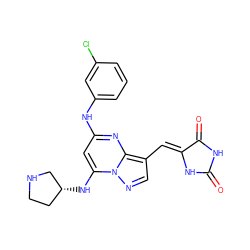 O=C1NC(=O)/C(=C/c2cnn3c(N[C@@H]4CCNC4)cc(Nc4cccc(Cl)c4)nc23)N1 ZINC000117820734