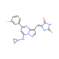 O=C1NC(=O)/C(=C/c2cnn3c(NC4CC4)cc(-c4cccc(F)c4)nc23)N1 ZINC000117825895