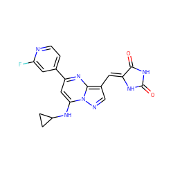 O=C1NC(=O)/C(=C/c2cnn3c(NC4CC4)cc(-c4ccnc(F)c4)nc23)N1 ZINC000117820819