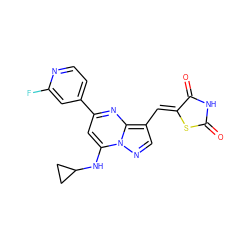 O=C1NC(=O)/C(=C/c2cnn3c(NC4CC4)cc(-c4ccnc(F)c4)nc23)S1 ZINC000167485857