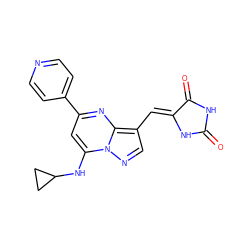 O=C1NC(=O)/C(=C/c2cnn3c(NC4CC4)cc(-c4ccncc4)nc23)N1 ZINC000117818920