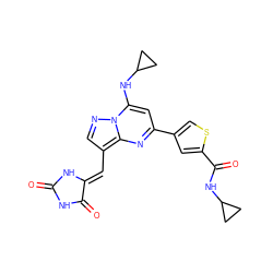 O=C1NC(=O)/C(=C/c2cnn3c(NC4CC4)cc(-c4csc(C(=O)NC5CC5)c4)nc23)N1 ZINC000205024229