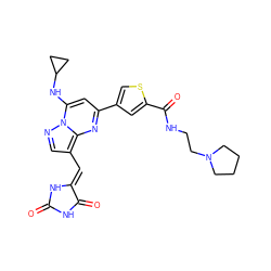 O=C1NC(=O)/C(=C/c2cnn3c(NC4CC4)cc(-c4csc(C(=O)NCCN5CCCC5)c4)nc23)N1 ZINC000205040822