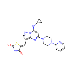 O=C1NC(=O)/C(=C/c2cnn3c(NC4CC4)cc(N4CCN(c5ccccn5)CC4)nc23)S1 ZINC000144737399