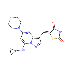 O=C1NC(=O)/C(=C/c2cnn3c(NC4CC4)cc(N4CCOCC4)nc23)S1 ZINC000144736956