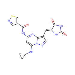 O=C1NC(=O)/C(=C/c2cnn3c(NC4CC4)cc(NC(=O)c4cnsc4)nc23)N1 ZINC000205036527