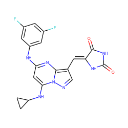 O=C1NC(=O)/C(=C/c2cnn3c(NC4CC4)cc(Nc4cc(F)cc(F)c4)nc23)N1 ZINC000117828491