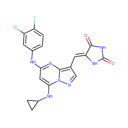 O=C1NC(=O)/C(=C/c2cnn3c(NC4CC4)cc(Nc4ccc(F)c(Cl)c4)nc23)N1 ZINC000205035804