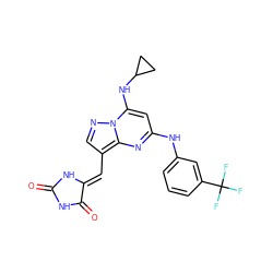 O=C1NC(=O)/C(=C/c2cnn3c(NC4CC4)cc(Nc4cccc(C(F)(F)F)c4)nc23)N1 ZINC000205017259