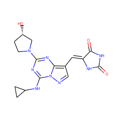 O=C1NC(=O)/C(=C/c2cnn3c(NC4CC4)nc(N4CC[C@H](O)C4)nc23)N1 ZINC000205044180