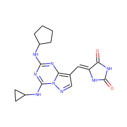 O=C1NC(=O)/C(=C/c2cnn3c(NC4CC4)nc(NC4CCCC4)nc23)N1 ZINC000205022117