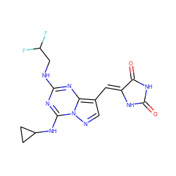 O=C1NC(=O)/C(=C/c2cnn3c(NC4CC4)nc(NCC(F)F)nc23)N1 ZINC000219513882