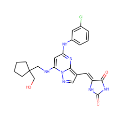 O=C1NC(=O)/C(=C/c2cnn3c(NCC4(CO)CCCC4)cc(Nc4cccc(Cl)c4)nc23)N1 ZINC000205014335