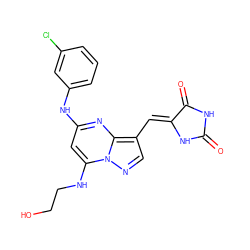 O=C1NC(=O)/C(=C/c2cnn3c(NCCO)cc(Nc4cccc(Cl)c4)nc23)N1 ZINC000117826565