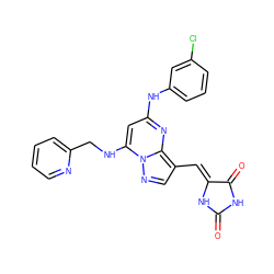 O=C1NC(=O)/C(=C/c2cnn3c(NCc4ccccn4)cc(Nc4cccc(Cl)c4)nc23)N1 ZINC000117828405