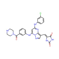 O=C1NC(=O)/C(=C/c2cnn3c(Nc4cccc(C(=O)N5CCNCC5)c4)cc(Nc4cccc(Cl)c4)nc23)N1 ZINC000117574513