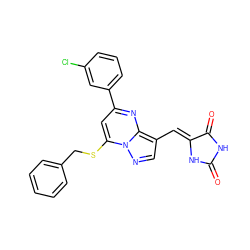 O=C1NC(=O)/C(=C/c2cnn3c(SCc4ccccc4)cc(-c4cccc(Cl)c4)nc23)N1 ZINC000205030790