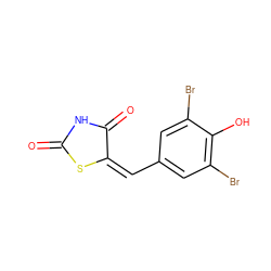 O=C1NC(=O)/C(=C\c2cc(Br)c(O)c(Br)c2)S1 ZINC000001083085