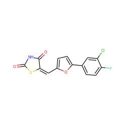 O=C1NC(=O)/C(=C\c2ccc(-c3ccc(F)c(Cl)c3)o2)S1 ZINC000001001756