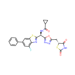 O=C1NC(=O)[C@@H](Cc2nnc([C@H](NC(=O)C3CC3)c3nc4c(F)cc(-c5ccccc5)cc4s3)o2)S1 ZINC001772636238