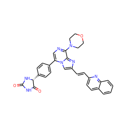 O=C1NC(=O)[C@@H](c2ccc(-c3cnc(N4CCOCC4)c4nc(/C=C/c5ccc6ccccc6n5)cn34)cc2)N1 ZINC000222051777