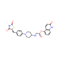 O=C1NC(=O)[C@H](Cc2ccc(N3CCC(NC[C@H](O)Oc4cccc5[nH]c(=O)ccc45)CC3)cc2)S1 ZINC000027855148