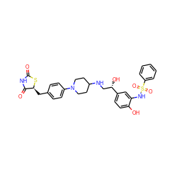 O=C1NC(=O)[C@H](Cc2ccc(N3CCC(NC[C@H](O)c4ccc(O)c(NS(=O)(=O)c5ccccc5)c4)CC3)cc2)S1 ZINC000027871708