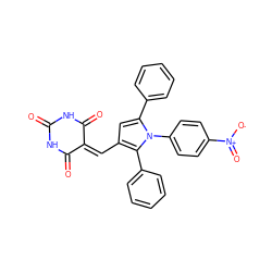 O=C1NC(=O)C(=Cc2cc(-c3ccccc3)n(-c3ccc([N+](=O)[O-])cc3)c2-c2ccccc2)C(=O)N1 ZINC000008743402