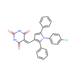 O=C1NC(=O)C(=Cc2cc(-c3ccccc3)n(-c3ccc(Cl)cc3)c2-c2ccccc2)C(=O)N1 ZINC000006474200