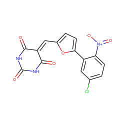 O=C1NC(=O)C(=Cc2ccc(-c3cc(Cl)ccc3[N+](=O)[O-])o2)C(=O)N1 ZINC000004854409