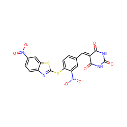 O=C1NC(=O)C(=Cc2ccc(Sc3nc4ccc([N+](=O)[O-])cc4s3)c([N+](=O)[O-])c2)C(=O)N1 ZINC000003097194