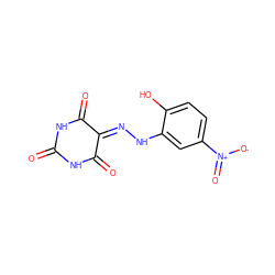 O=C1NC(=O)C(=NNc2cc([N+](=O)[O-])ccc2O)C(=O)N1 ZINC000002135029