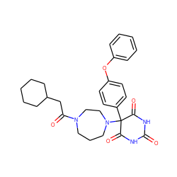 O=C1NC(=O)C(c2ccc(Oc3ccccc3)cc2)(N2CCCN(C(=O)CC3CCCCC3)CC2)C(=O)N1 ZINC000072108214