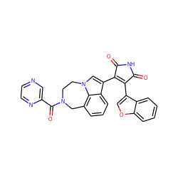 O=C1NC(=O)C(c2cn3c4c(cccc24)CN(C(=O)c2cnccn2)CC3)=C1c1coc2ccccc12 ZINC000096929129