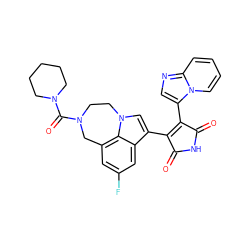 O=C1NC(=O)C(c2cnc3ccccn23)=C1c1cn2c3c(cc(F)cc13)CN(C(=O)N1CCCCC1)CC2 ZINC000003817327