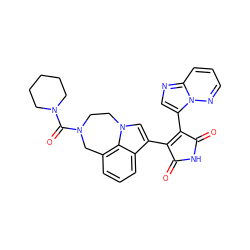 O=C1NC(=O)C(c2cnc3cccnn23)=C1c1cn2c3c(cccc13)CN(C(=O)N1CCCCC1)CC2 ZINC000028132965