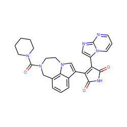 O=C1NC(=O)C(c2cnc3ncccn23)=C1c1cn2c3c(cccc13)CN(C(=O)N1CCCCC1)CC2 ZINC000028135941