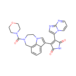 O=C1NC(=O)C(c2cnc3ncccn23)=C1c1cn2c3c(cccc13)CN(C(=O)N1CCOCC1)CC2 ZINC000028124013