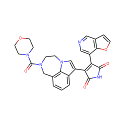 O=C1NC(=O)C(c2cncc3ccoc23)=C1c1cn2c3c(cccc13)CN(C(=O)N1CCOCC1)CC2 ZINC000028122392